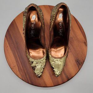 Two Lips Gold Brown Sequins Two Tone Pointed Toe Magical Pump High Heel